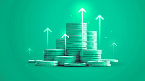 Growth financial business arrow money coin on increase earnings 3d background with economy market investment finance banking profit or success cash stack currency of wealth graph price value strategy.