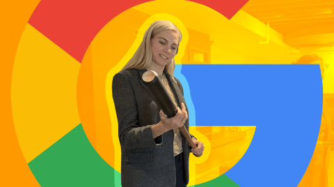 Pascale St-Onge, ministra de Patrimonio de Canadá y responsable de supervisar la Ley de Noticias en Línea, con el logo de Google al fondo. Collage EE: Juan Carlos Rodríguez