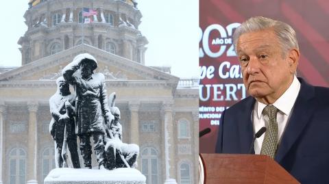 (Izquierda) La nieve cubre una estatua en el edificio del Capitolio del Estado de Iowa. (Derecha) El presidente Andrés Manuel López Obrador en su conferencia matutina. Foto: AFP / Especial