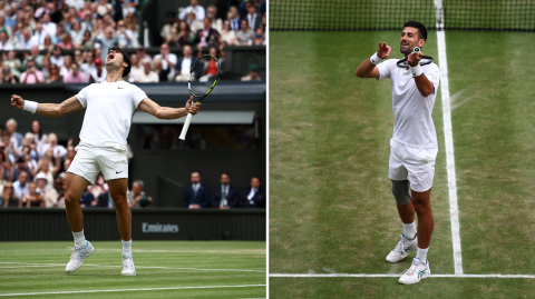 El español Carlos Alcaraz y el serbio Novak Djokovic se enfretarán este domingo 14 de julio en la final de Wimbledon.  Foto: AFP