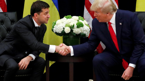 Imagen tomada en 2019 durante una reunión entre Volodimir Zelensky, presidente de Ucrania, y el entonces presidente de Estados Unidos en el marco de la edición 74 de la Asamblea General de la ONU. Foto: Reuters