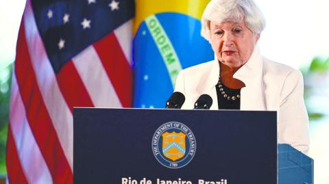 Janet Yellen, secretaria del Tesoro estadounidense, en conferencia de prensa en Rio de Janeiro.  Foto: AFP