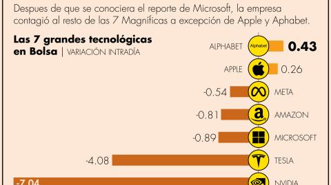 Dicha pérdida en el valor de sus acciones arrastró al resto de las empresas de alta capitalización, principalmente al grupo conocido como las Siete Magníficas