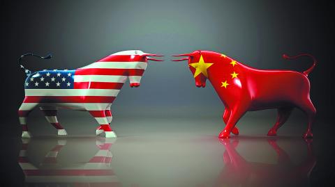 Bulls,With,American,And,Chinese,Flags,Facing,Each,Other,On