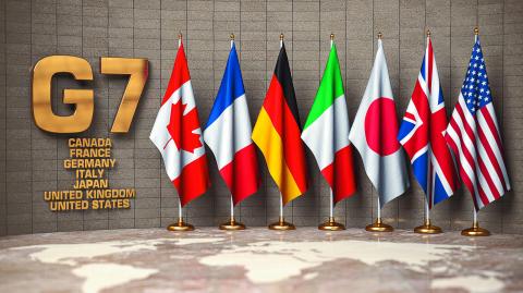 G7 summit or meeting concept. Row from flags of members of G7 group of seven and list of countries, 3d illustration