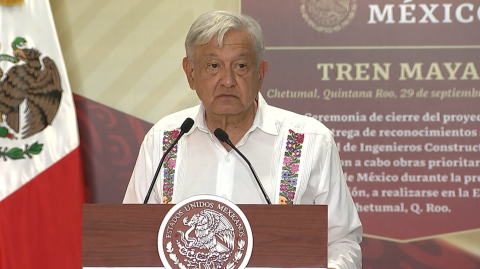 El presidente Andrés Manuel López Obrador en la ceremonia de inauguración del Tren Maya.