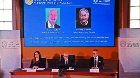 Professor Ellen Moons, Secretary General at the Swedish Academy of Sciences Hans Ellegren, and Professor Anders Irback during the announcement of John J Hopfield and Geoffrey E Hinton as this year's Nobel Prize winners in Physics in Stockholm, Sweden, October 8, 2024. REUTERS/Tom Little