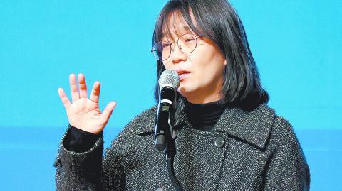 South Korean author Han Kang, the winner of the 2024 Nobel Prize in Literature, makes a speech in Gwangju, South Korea, in this photo taken in 2023. Yonhap via REUTERS THIS IMAGE HAS BEEN SUPPLIED BY A THIRD PARTY. NO RESALES. NO ARCHIVES. SOUTH KOREA OUT. NO COMMERCIAL OR EDITORIAL SALES IN SOUTH KOREA.