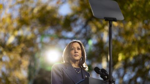 US Vice President and Democratic presidential candidate Kamala Harris speaks at a campaign event at Washington Crossing Historic Park with supportive Republicans in Washington Crossing, Pennsylvania, October 16, 2024. (Photo by RYAN COLLERD / AFP)