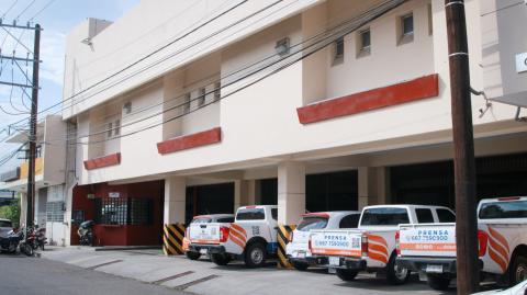 A view of the El Debate newspaper building after receiving gunshots during a gang fight in Culiacan, Sinaloa State, Mexico, taken on October 18, 2024. - Gunmen opened fire at the outside of a newspaper's offices in a Mexican cartel stronghold shaken by weeks of gang infighting, authorities said Friday, without reporting any injuries. (Photo by Ivan MEDINA / AFP)