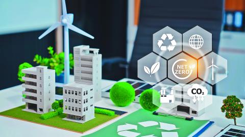 Explore a sustainable urban landscape with a clean energy focus. Discover eco-friendly buildings, net-zero initiatives, recycling symbols, and a green cityscape promoting a cleaner, greener future.