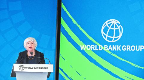 WASHINGTON, DC - OCTOBER 22: U.S. Treasury Secretary Janet Yellen speaks during the annual meetings of the IMF and World Bank Group at the World Bank headquarters on October 22, 2024 in Washington, DC. The fall meetings of the International Monetary Fund and World Bank Group take place with world leaders in Washington, DC this week.   Tasos Katopodis/Getty Images/AFP (Photo by TASOS KATOPODIS / GETTY IMAGES NORTH AMERICA / Getty Images via AFP)