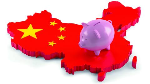 China Flag Map on Piggy Bank. 3d illustration