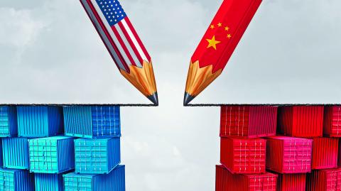 China United States trade solution and American tariffs as two opposing pencils as an economic  taxation dispute agreement over import and exports concept as a 3D illustration.