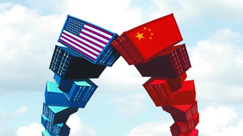 US China trade war and United States or American tariffs as two groups of opposing cargo containers as an economic  taxation dispute over import and exports concept as a 3D illustration.