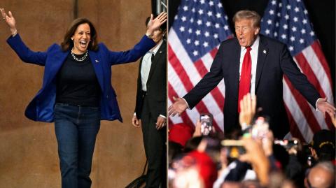 La vicepresidenta y candidata presidencial demócrata Kamala Harris caminando por el escenario cuando llega a un mitin de campaña en el Anfiteatro Craig Ranch en Las Vegas, el 31 de octubre, y al candidato presidencial republicano y expresidente Donald Trump haciendo un gesto a sus seguidores mientras camina por el escenario durante un mitin de campaña en el Sports and Expo Center en el Macomb Community College en Michigan, el 1 de noviembre.