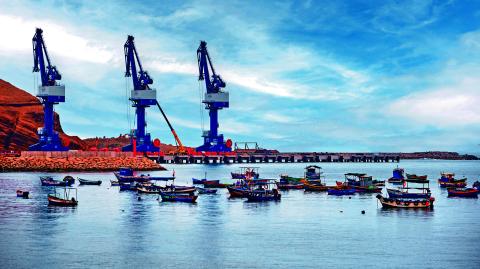 Chancay, Lima. Peru, September 20 2024: Panoramic view of the Chancay Mega port under construction by COSCO SHIPPING, Lima, Peru.