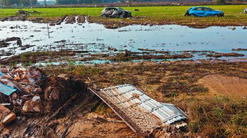 Cars that swept away during the strong floods of last October, lie in a rice field in the Albufera Natural Park, in Massanassa, Valencia, Spain, November 30, 2024. REUTERS/ Eva Manez