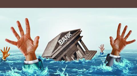 Banking crisis and bank Default as regional Banks drowning in debt with financial instability or insolvency concept as drowning investors in panic as a 3D illustration.