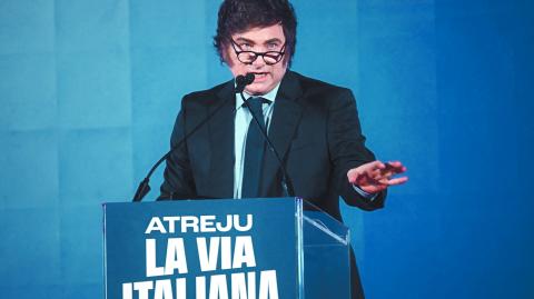 Argentina's President Javier Milei attends the Atreju political meeting organised by the young militants of Italian right wing party Brothers of Italy (Fratelli d'Italia) on December 14, 2024 in Rome. (Photo by Filippo MONTEFORTE / AFP)