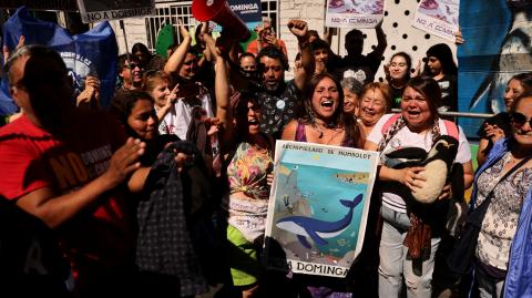 Activistas ambientales reaccionan después de que el comité de ministros de Chile negara los permisos para el proyecto minero de cobre y hierro Dominga de Andes Iron.