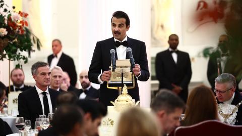 El emir de Qatar, el jeque Tamim bin Hamad al-Thani, durante una cena en la Mansion House, ocurrida a principios de diciembre de 2024.