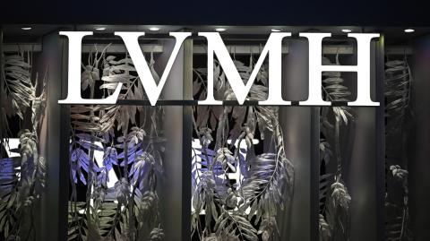 A logo of French luxury group LVMH is displayed during the Vivatech technology startups and innovation fair, at the Porte de Versailles exhibition center in Paris, on May 22, 2024. (Photo by JULIEN DE ROSA / AFP)