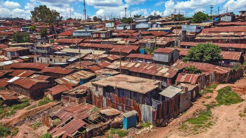 There are many poor houses in slums with high population density. The concept of poverty in third World countries.