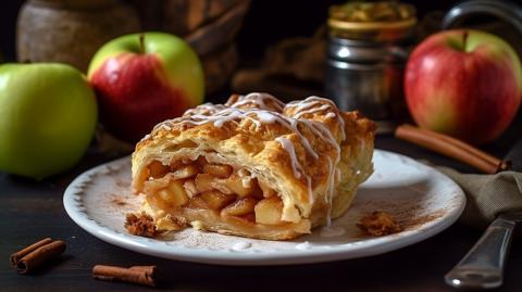 Freshly baked apple strudel on rustic wood generated by artificial intelligence