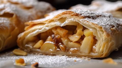 Freshly baked apple strudel on wooden plate generated by artificial intelligence