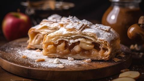 Freshly baked apple strudel on rustic wood table generated by artificial intelligence
