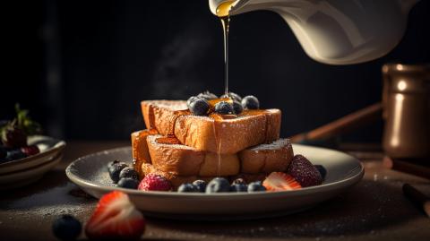Fresh blueberry waffles atop rustic wooden plate generated by artificial intelligence
