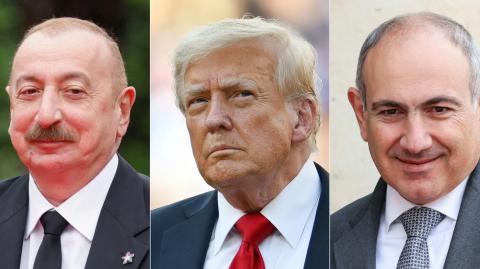 presidente de Azerbaiyán, Ilham Aliyev (izq.); presidente de Estados Unidos, Donald Trump (centro) y el primer ministro de Armenia, Nikol Pashinyan (der.).