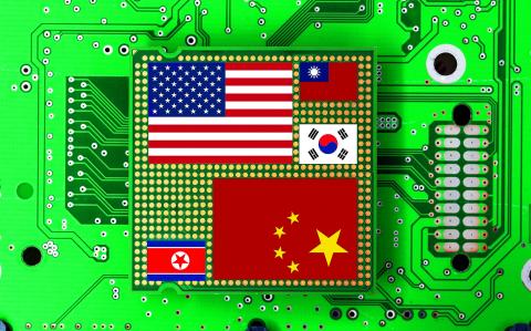 Motherboard with microchip and national flags of China and North Korea versus , Usa, South korea and Taiwan. Symbolizing war the United States and China tech war, designed to cripple China future