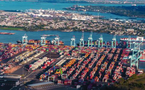 Port of Newark, Newark, New Jersey, USA - September 27, 2022 - Aerial view of Shipping Containers, Newark Bay, Panamax cranes, and the Port of Newark - Elizabeth Marine Terminal