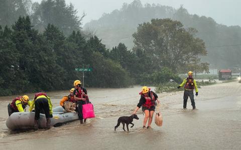 Víctimas del huracán Helene llevan a sus mascotas a un lugar seguro mientras son rescatadas por un equipo de emergencias.