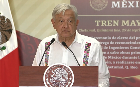 El presidente Andrés Manuel López Obrador en la ceremonia de inauguración del Tren Maya.