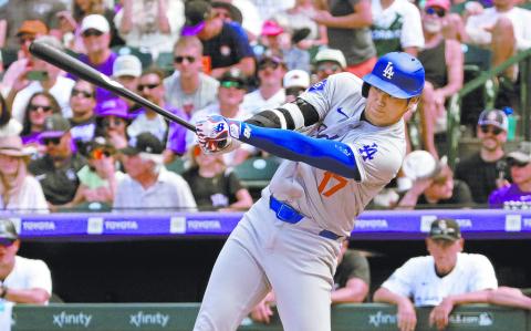 Sep 29, 2024; Denver, Colorado, USA; Los Angeles Dodgers two-way player Shohei Ohtani (17) swings the bat in the sixth inning against the Colorado Rockies at Coors Field. Mandatory Credit: Ron Chenoy-Imagn Images