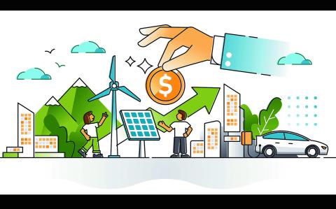 Renewable energy investment as natural future fund strategy outline concept. Alternative electricity and power production financial profit for zero emissions climate approach vector illustration.