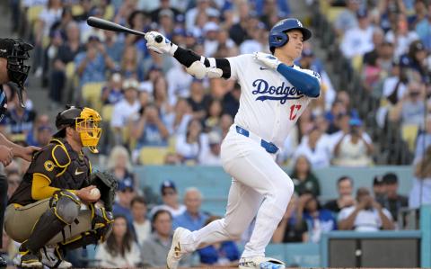 Oct 6, 2024; Los Angeles, California, USA; Los Angeles Dodgers designated hitter Shohei Ohtani (17) strikes out in the first inning against the San Diego Padres during game two of the NLDS for the 2024 MLB Playoffs at Dodger Stadium. Mandatory Credit: Jayne Kamin-Oncea-Imagn Images