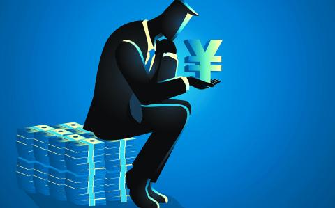 Businessman sits pensively on a pile of money, holding a yen symbol, symbolizing economic crisis and debt burden, highlights financial stress and monetary issues for financial and economic analysis