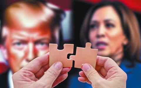 Washington, USA - September 16 2024: hand holding puzzles and Kamala Harris and Donal Trump on  TV news background. . Donald Trump vs Kamala Harris for US President. US election 2024