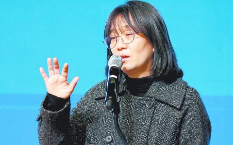 South Korean author Han Kang, the winner of the 2024 Nobel Prize in Literature, makes a speech in Gwangju, South Korea, in this photo taken in 2023. Yonhap via REUTERS THIS IMAGE HAS BEEN SUPPLIED BY A THIRD PARTY. NO RESALES. NO ARCHIVES. SOUTH KOREA OUT. NO COMMERCIAL OR EDITORIAL SALES IN SOUTH KOREA.