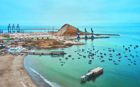 Aerial view of Chancay Mega seaport. Located in Peru, under construction, future maritime hub of South America. Chancay Lima, Peru.