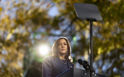 US Vice President and Democratic presidential candidate Kamala Harris speaks at a campaign event at Washington Crossing Historic Park with supportive Republicans in Washington Crossing, Pennsylvania, October 16, 2024. (Photo by RYAN COLLERD / AFP)