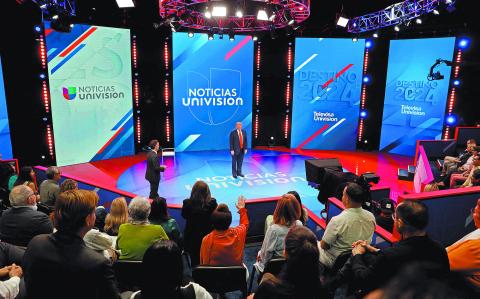 Republican presidential nominee and former U.S. President Donald Trump participates in a town hall presented by Spanish-language network Univision, in Doral, Florida, U.S., October 16, 2024. REUTERS/Marco Bello