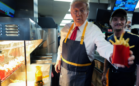 Trump protegió su camisa blanca y su corbata con un delantal.