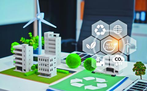 Explore a sustainable urban landscape with a clean energy focus. Discover eco-friendly buildings, net-zero initiatives, recycling symbols, and a green cityscape promoting a cleaner, greener future.