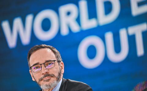 International Monetary Fund (IMF) Chief Economist Pierre-Olivier Gourinchas speaks during the International Monetary Fund (IMF)-World Bank annual Fall meetings in Washington, DC, on October 22, 2024. (Photo by Brendan SMIALOWSKI / AFP)