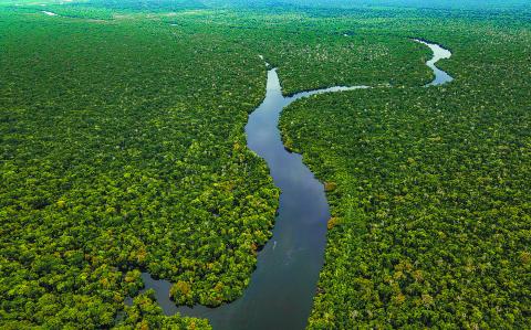 Aerial view of the Amazon River winding through lush greenery in Leticia, Colombia